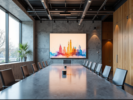 公司新闻发布会现场，现代化会议厅，大屏幕显示公司标志，员工专注聆听，专业商务环境