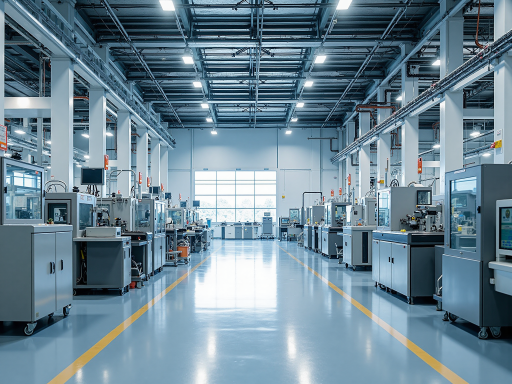 东莞丹罗电器有限公司现代化生产车间，宽敞明亮的工厂环境，先进的生产设备，工人正在操作精密机械，蓝色背景