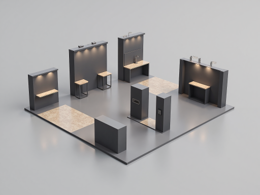 公司参加国际展会现场，展台设计现代简约，工作人员与客户交流，展示产品细节